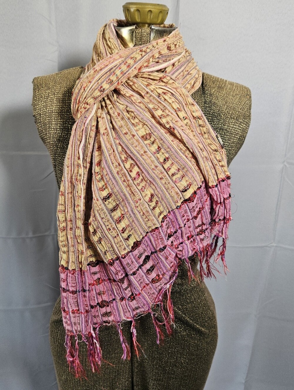 Prana Boho Granola Girl Gauze Scarf Pink Tan Fringe Long Rectangle